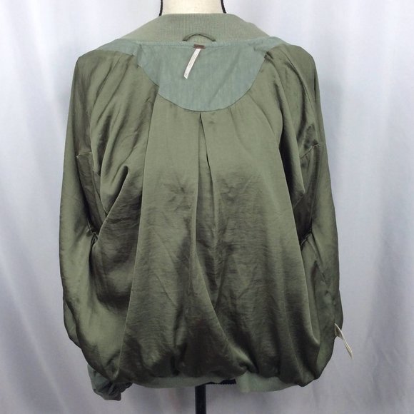 Free People Bomber Jacket Womens Size XS Linen Olive Green Ruched Oversized - Picture 9 of 11